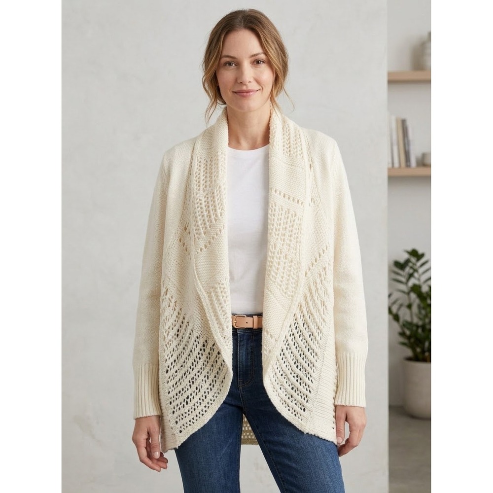 Madison Cardigan Sweater Womens Small Cream Excellent Open Front Wool Blend Knit